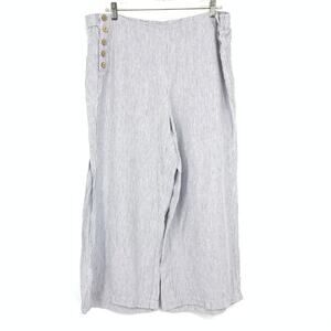 J.jill Love Linen Pants L Wide Leg Culottes Blue White Pinstripe Side Button